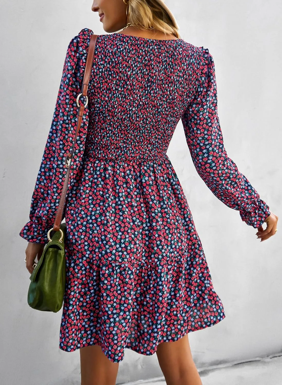 KIRUNDO Spring Dresses for Women 2025 Summer Smocked Long Sleeve Floral Crewneck Ruffle A Line Flowy Party Mini Dress