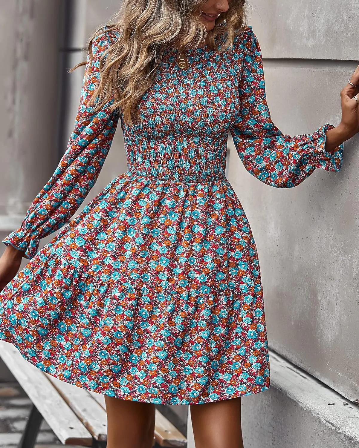 KIRUNDO Spring Dresses for Women 2025 Summer Smocked Long Sleeve Floral Crewneck Ruffle A Line Flowy Party Mini Dress