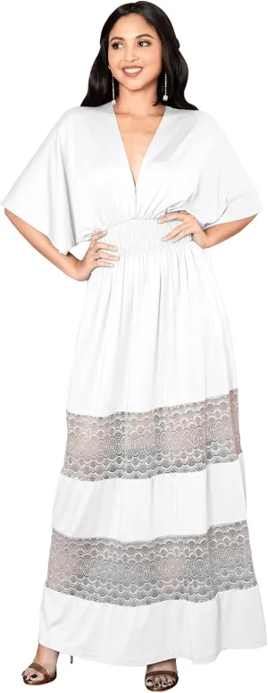 KOH KOH Womens Sexy Summer V-Neck Half Sleeve Layered Lace Maxi Dress