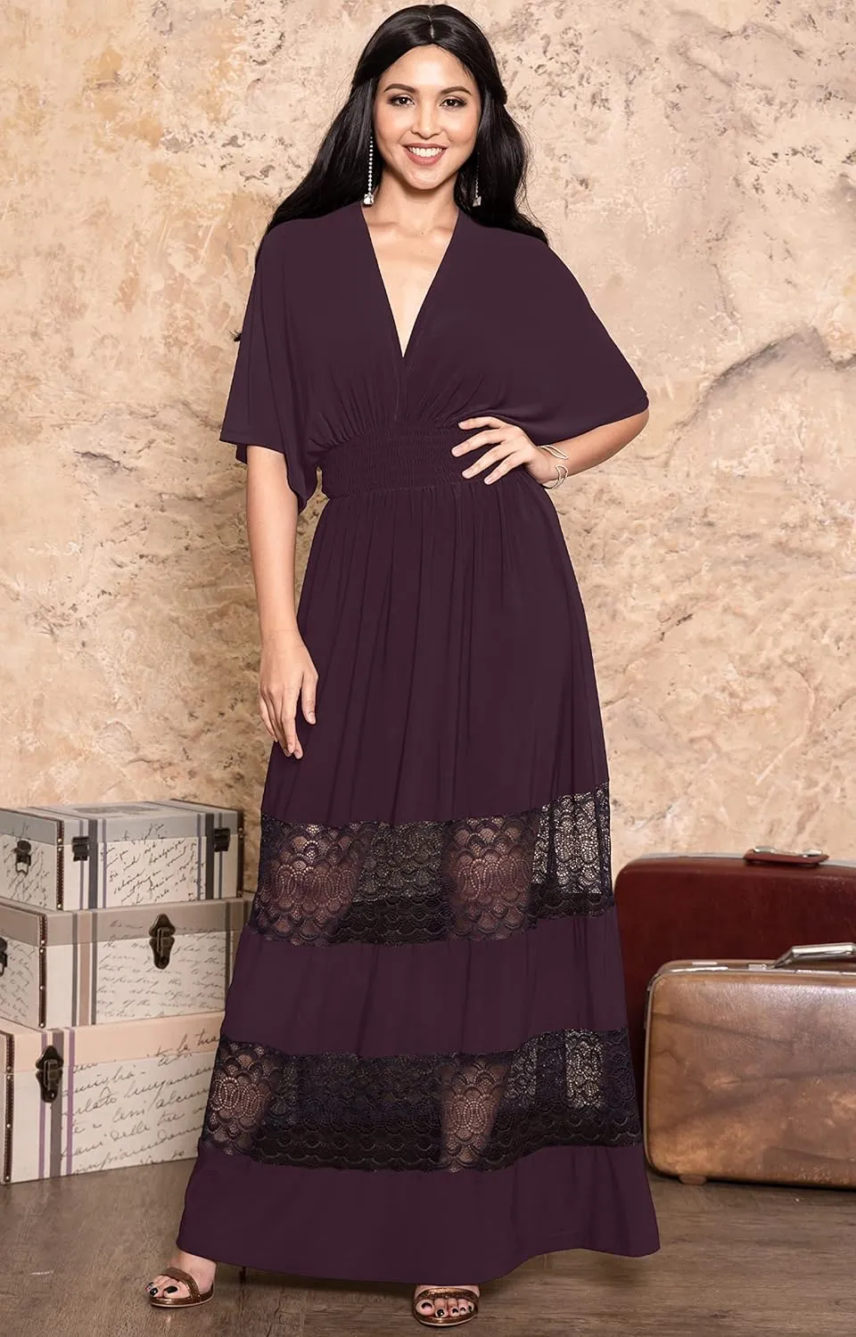 KOH KOH Womens Sexy Summer V-Neck Half Sleeve Layered Lace Maxi Dress
