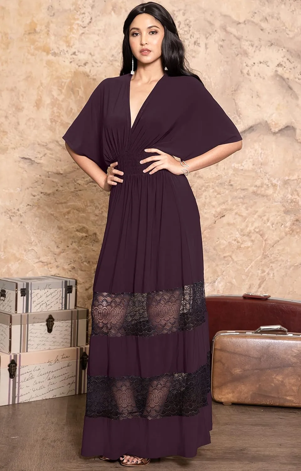 KOH KOH Womens Sexy Summer V-Neck Half Sleeve Layered Lace Maxi Dress