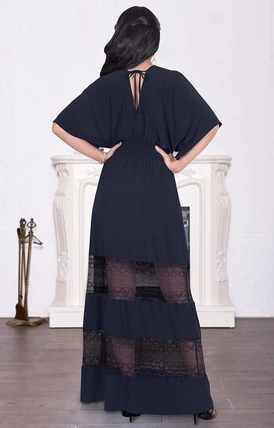 KOH KOH Womens Sexy Summer V-Neck Half Sleeve Layered Lace Maxi Dress