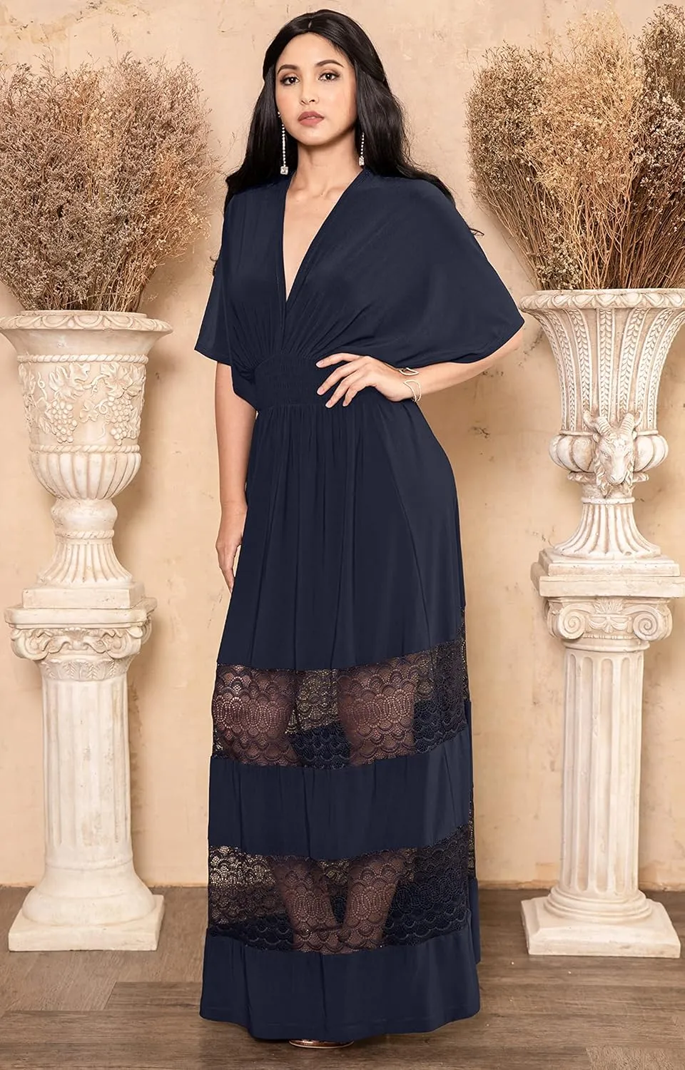 KOH KOH Womens Sexy Summer V-Neck Half Sleeve Layered Lace Maxi Dress