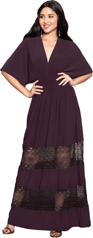 KOH KOH Womens Sexy Summer V-Neck Half Sleeve Layered Lace Maxi Dress