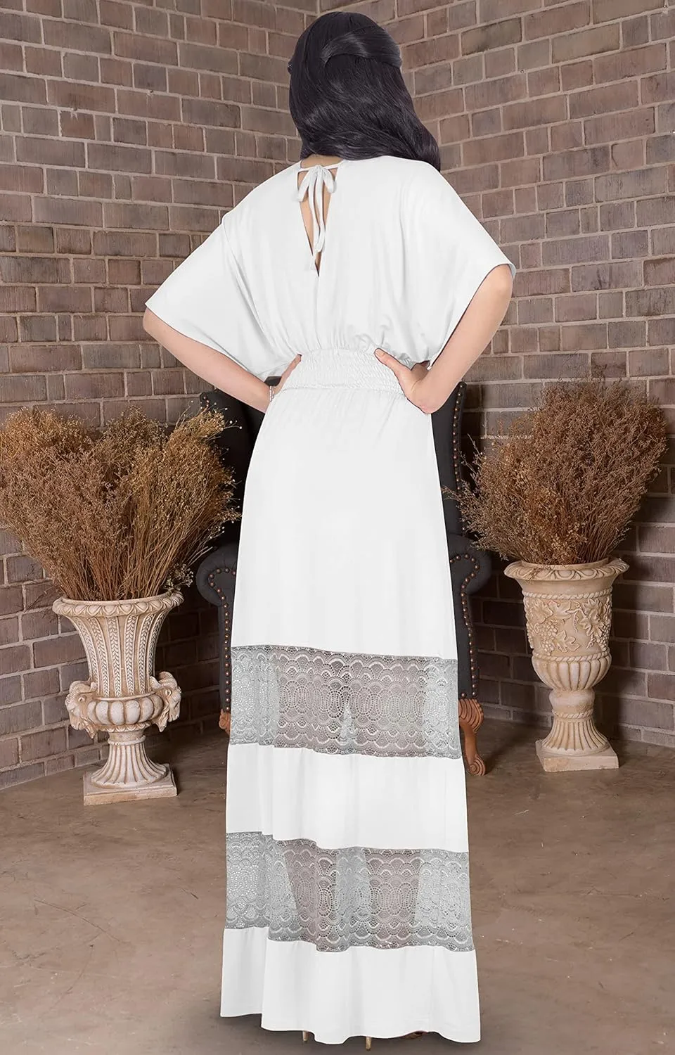 KOH KOH Womens Sexy Summer V-Neck Half Sleeve Layered Lace Maxi Dress
