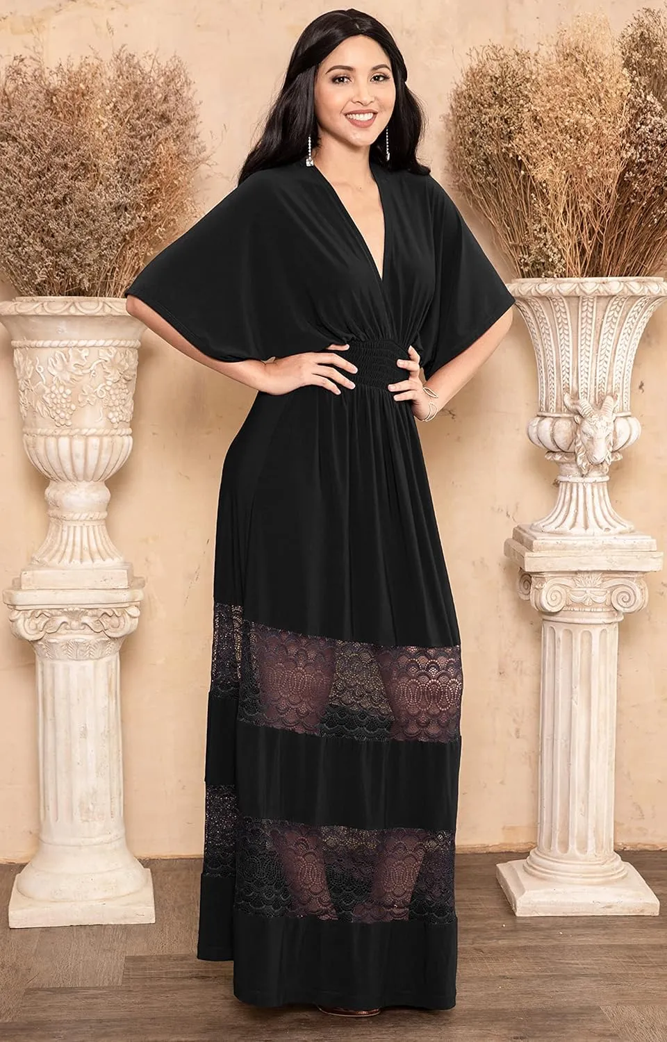 KOH KOH Womens Sexy Summer V-Neck Half Sleeve Layered Lace Maxi Dress
