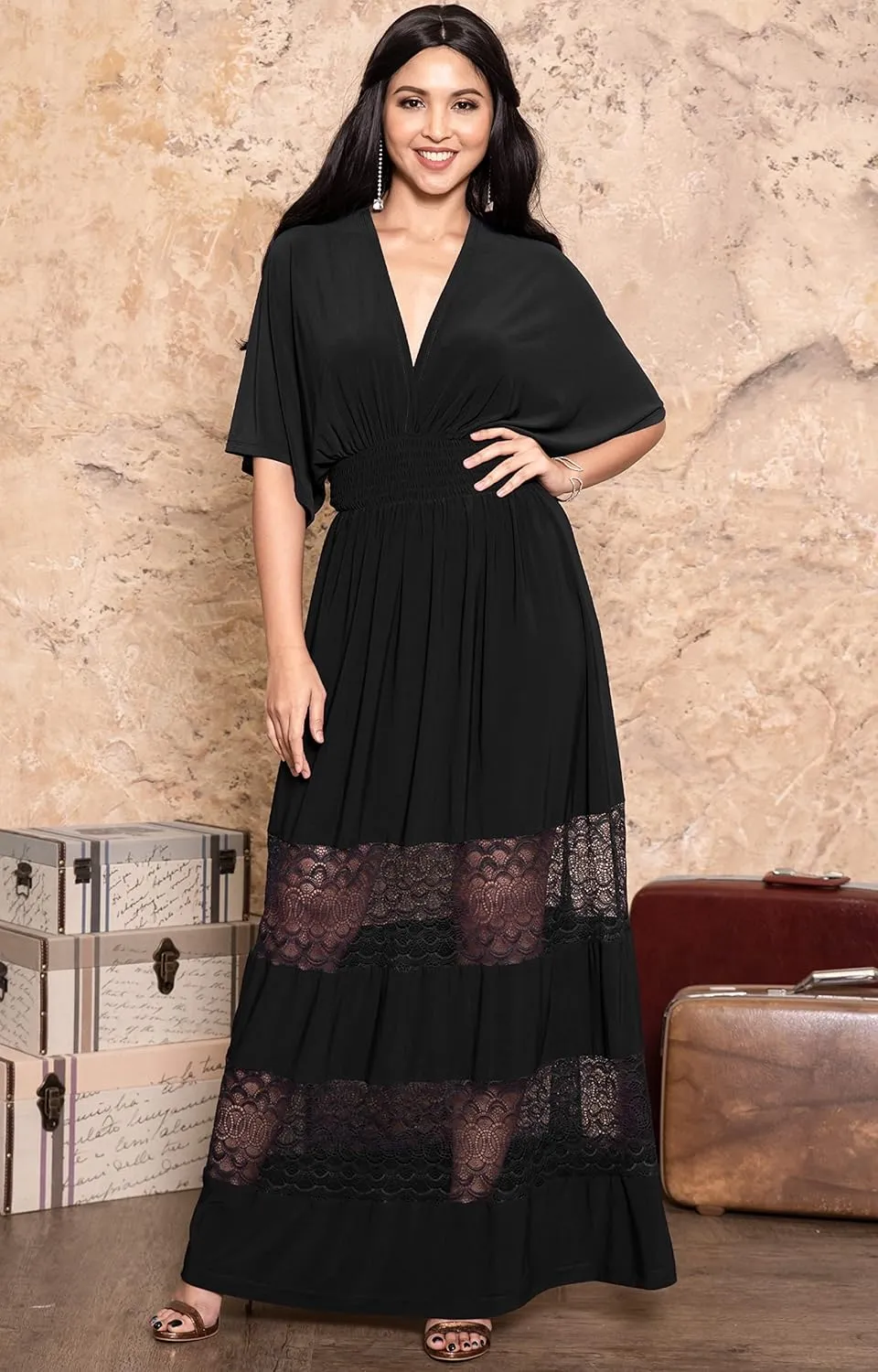 KOH KOH Womens Sexy Summer V-Neck Half Sleeve Layered Lace Maxi Dress