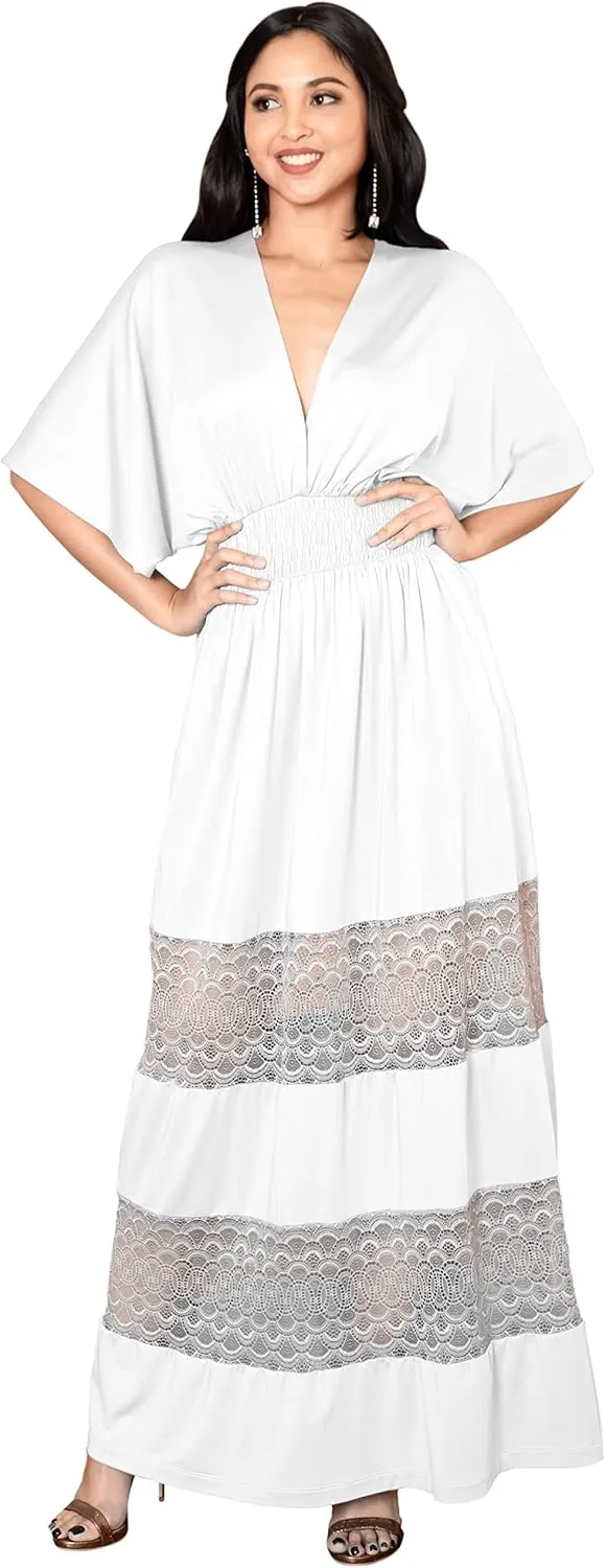 KOH KOH Womens Sexy Summer V-Neck Half Sleeve Layered Lace Maxi Dress