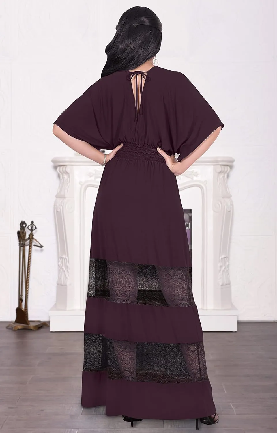 KOH KOH Womens Sexy Summer V-Neck Half Sleeve Layered Lace Maxi Dress