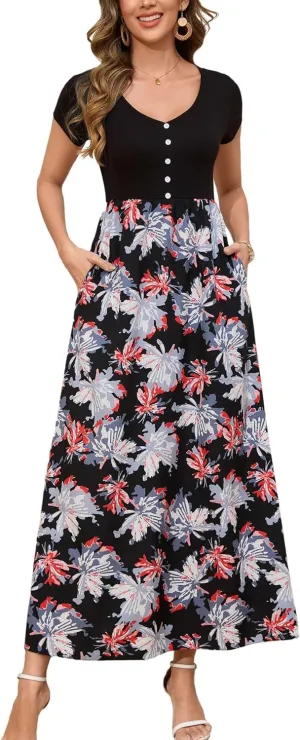 Kormei Women's Short Sleeve V Neck Button Loose Plain Maxi Dresses Casual Summer Tshirt Dress with Pockets