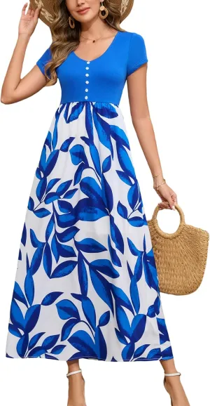 Kormei Women's Short Sleeve V Neck Button Loose Plain Maxi Dresses Casual Summer Tshirt Dress with Pockets