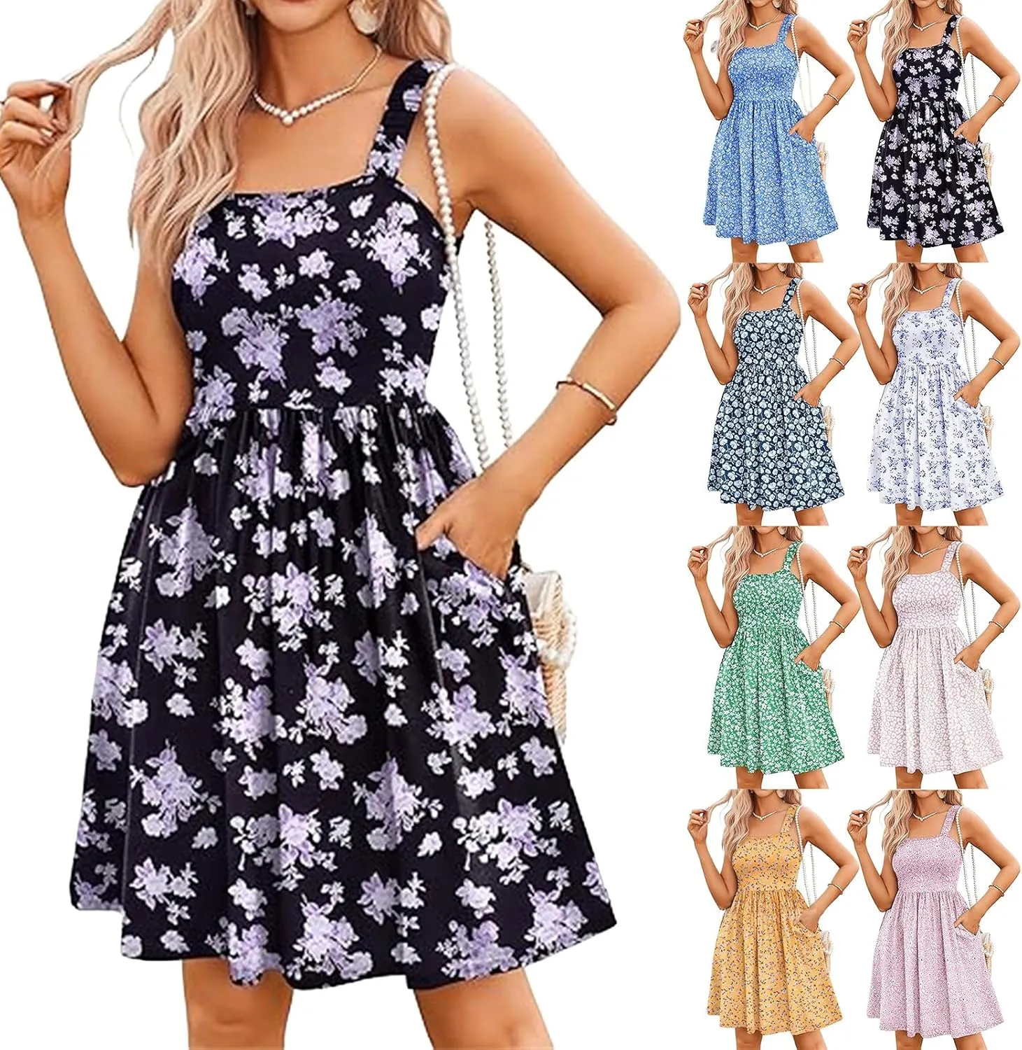 Kubbon Floral Dress for Women Casual Sleeveless Square Neck Tank Dresses Boho A Line Mini Dresses Beach Travel Outfits