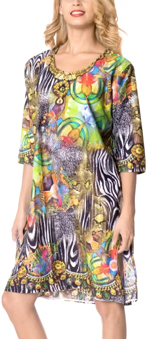 LA LEELA Bikni Swimwear Digital HD Print Tunic Vintage Cover Up Multicolor_A457