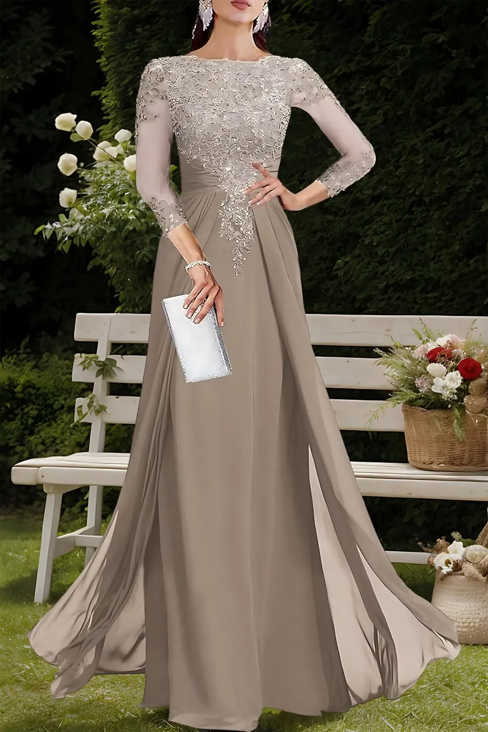 Lace Applique Mother of The Bride Dresses for Wedding 3/4 Sleeve Chiffon Mother of The Groom Formal Evening Gown