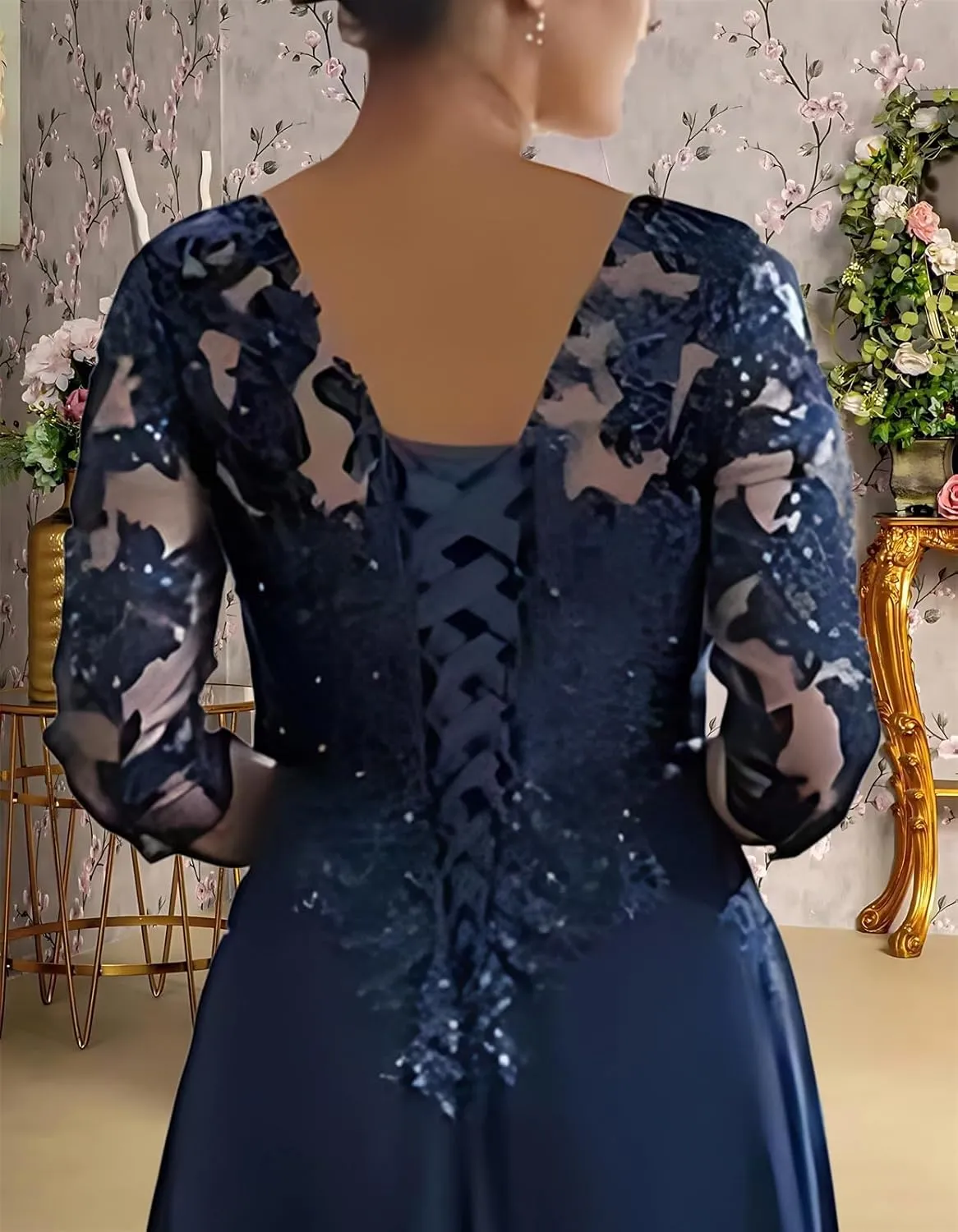 Lace Applique Mother of The Bride Dresses for Wedding 3/4 Sleeve Chiffon Mother of The Groom Formal Evening Gown