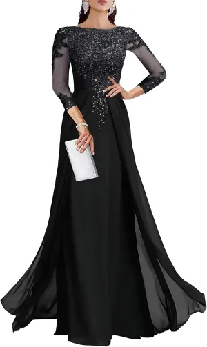 Lace Applique Mother of The Bride Dresses for Wedding 3/4 Sleeve Chiffon Mother of The Groom Formal Evening Gown