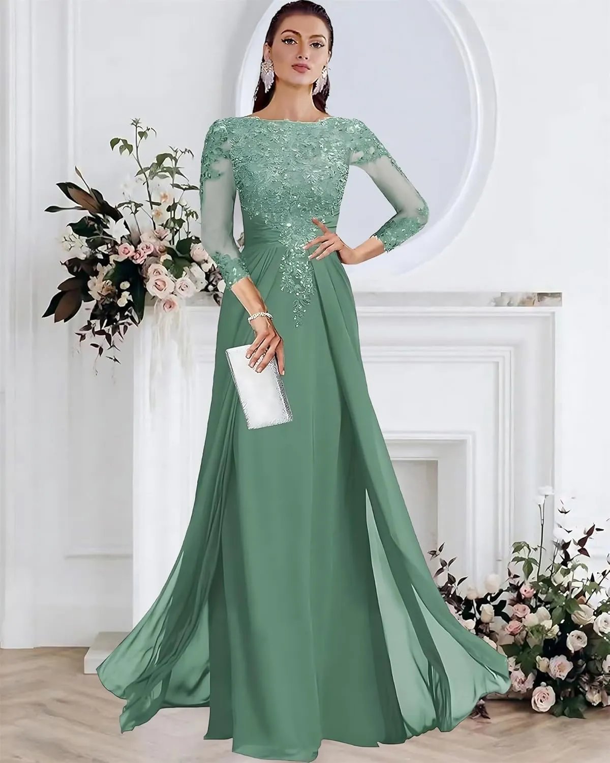 Lace Applique Mother of The Bride Dresses for Wedding 3/4 Sleeve Chiffon Mother of The Groom Formal Evening Gown
