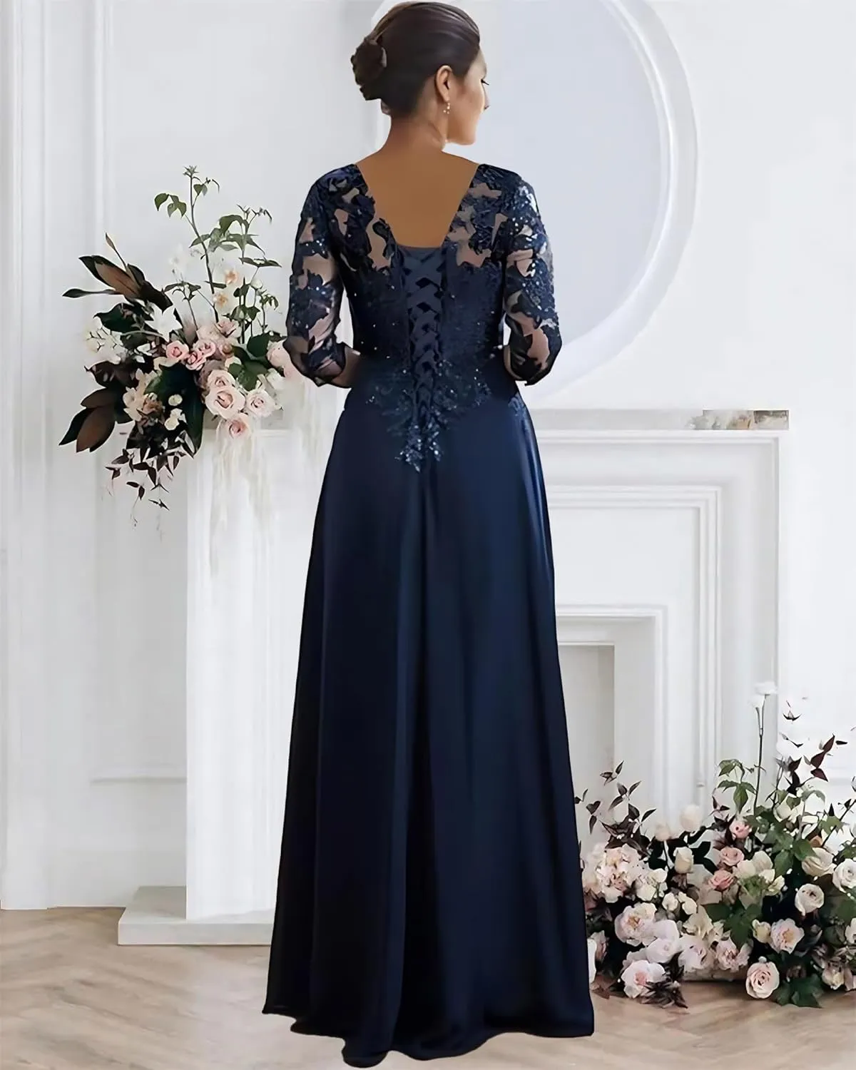Lace Applique Mother of The Bride Dresses for Wedding 3/4 Sleeve Chiffon Mother of The Groom Formal Evening Gown