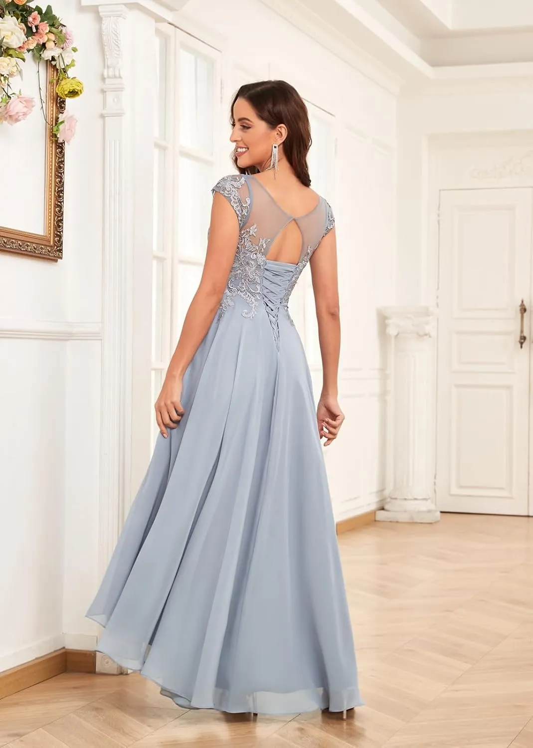 Lace Applique Mother of The Bride Dresses Tea Length Chiffon A Line Formal Gowns with Sleeves