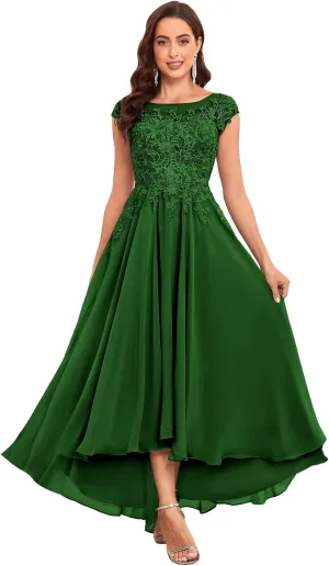Lace Applique Mother of The Bride Dresses Tea Length Chiffon A Line Formal Gowns with Sleeves