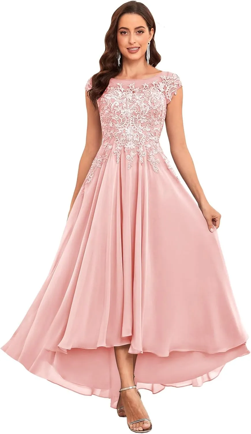 Lace Applique Mother of The Bride Dresses Tea Length Chiffon A Line Formal Gowns with Sleeves