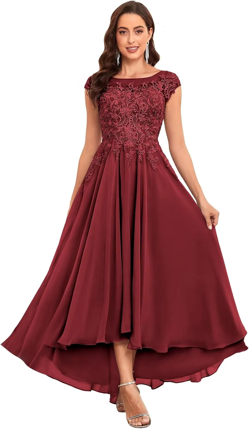 Lace Applique Mother of The Bride Dresses Tea Length Chiffon A Line Formal Gowns with Sleeves
