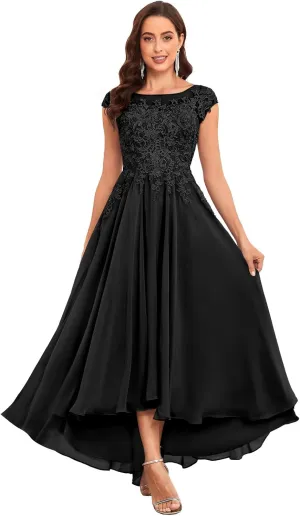 Lace Applique Mother of The Bride Dresses Tea Length Chiffon A Line Formal Gowns with Sleeves