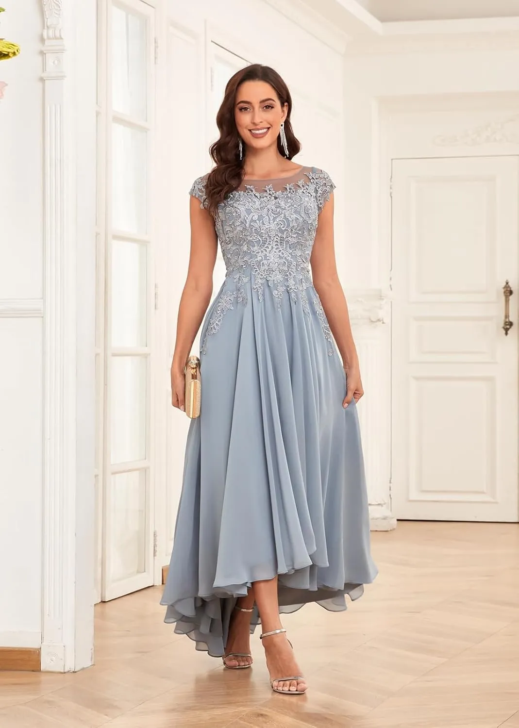 Lace Applique Mother of The Bride Dresses Tea Length Chiffon A Line Formal Gowns with Sleeves