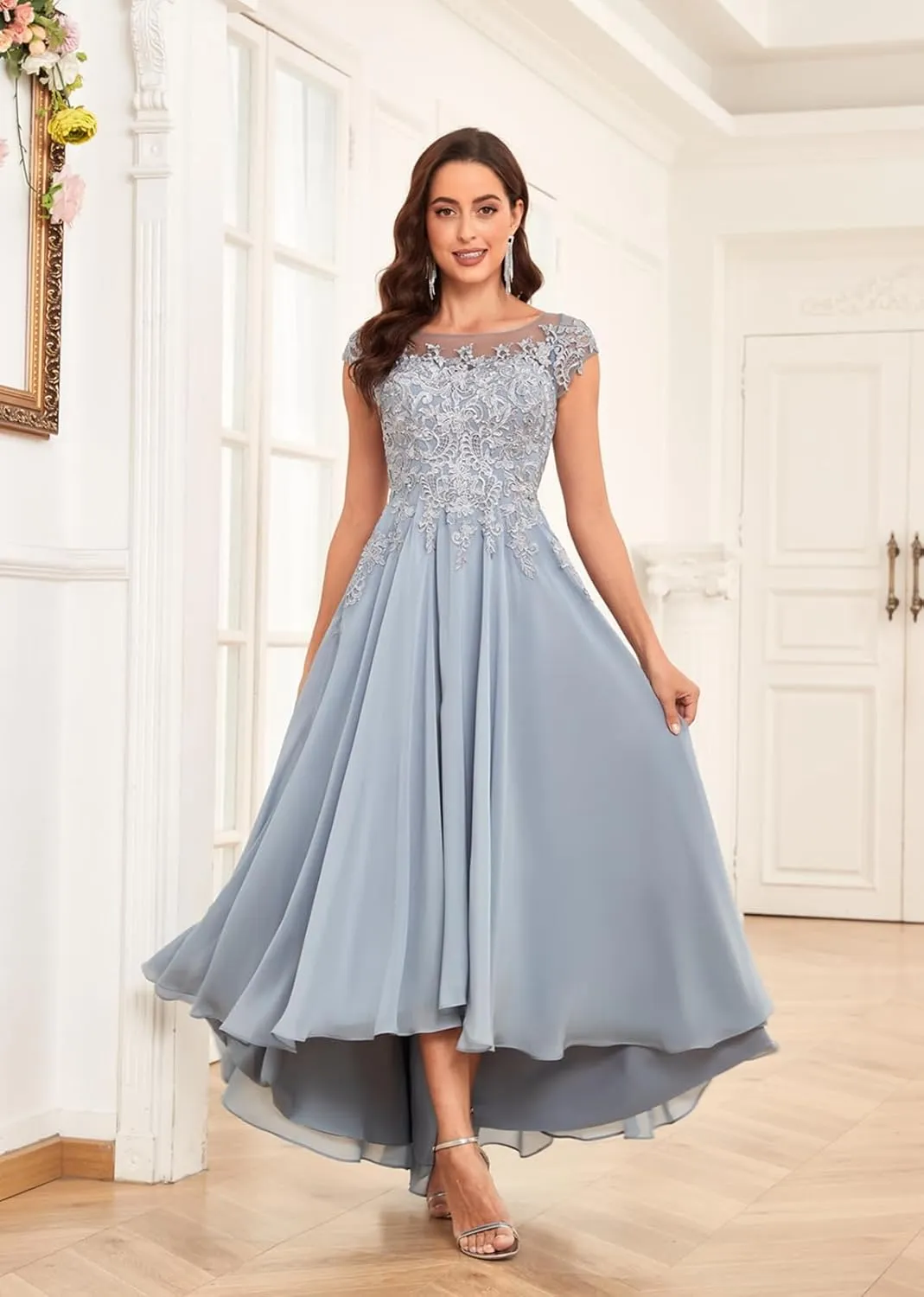 Lace Applique Mother of The Bride Dresses Tea Length Chiffon A Line Formal Gowns with Sleeves