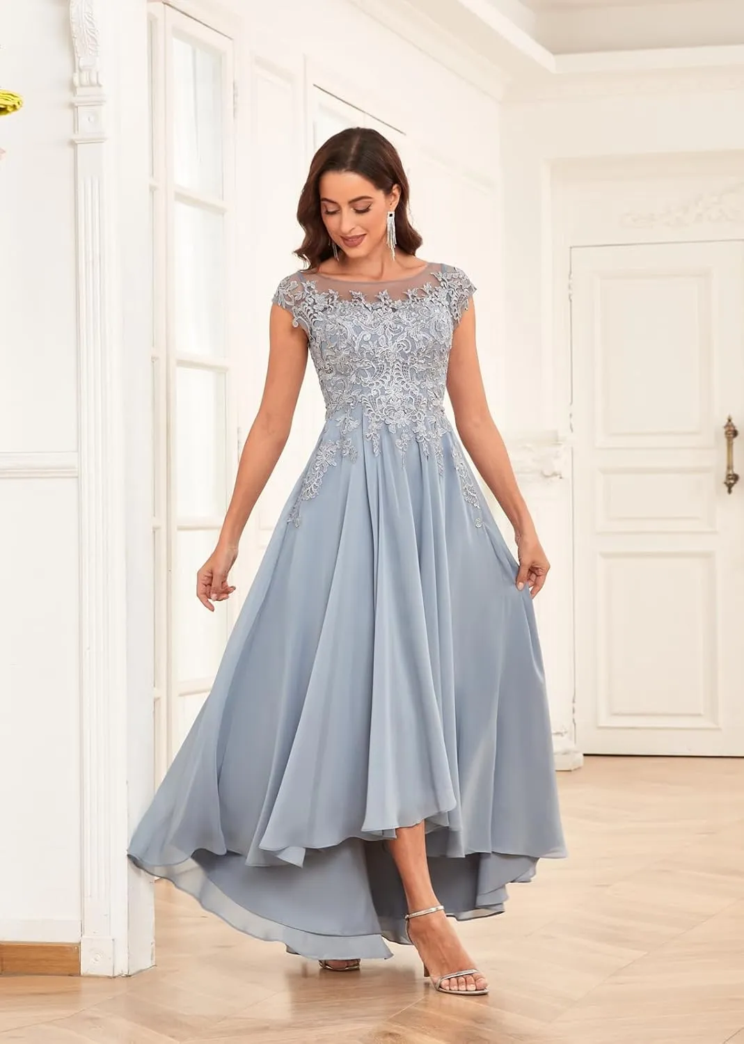 Lace Applique Mother of The Bride Dresses Tea Length Chiffon A Line Formal Gowns with Sleeves