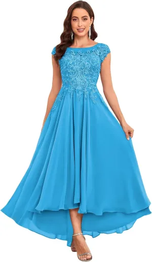 Lace Applique Mother of The Bride Dresses Tea Length Chiffon A Line Formal Gowns with Sleeves