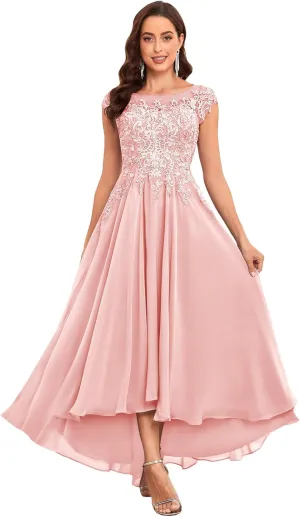 Lace Applique Mother of The Bride Dresses Tea Length Chiffon A Line Formal Gowns with Sleeves