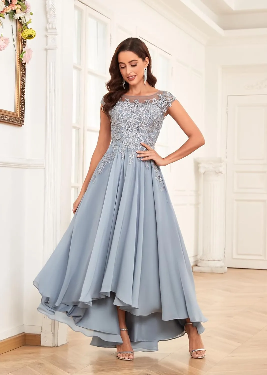 Lace Applique Mother of The Bride Dresses Tea Length Chiffon A Line Formal Gowns with Sleeves