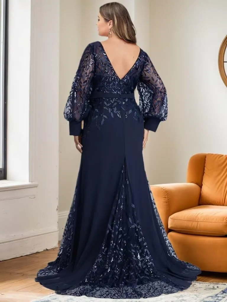 Lace Appliques Mermaid Mother of The Bride Dresses Lantern Sleeve Long Formal Evening Dress with Sequin