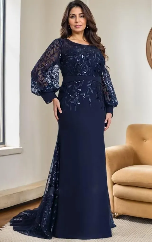 Lace Appliques Mermaid Mother of The Bride Dresses Lantern Sleeve Long Formal Evening Dress with Sequin