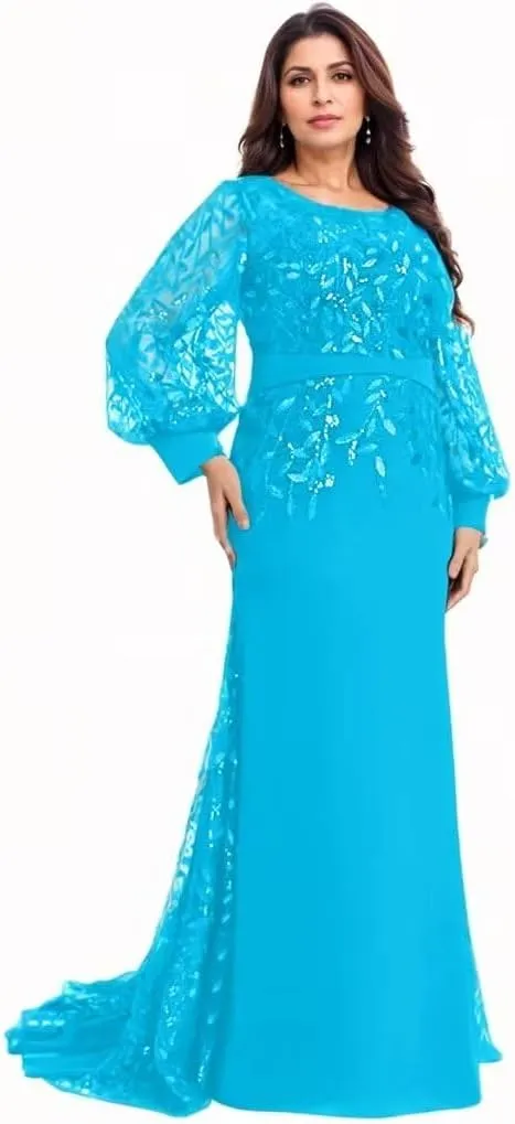 Lace Appliques Mermaid Mother of The Bride Dresses Lantern Sleeve Long Formal Evening Dress with Sequin