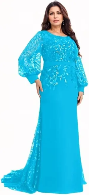 Lace Appliques Mermaid Mother of The Bride Dresses Lantern Sleeve Long Formal Evening Dress with Sequin