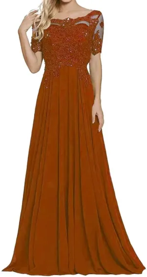 Lace Appliques Mother of The Bride Dresses Chiffon Long Formal Evening Dress Short Sleeves Dresses for Women