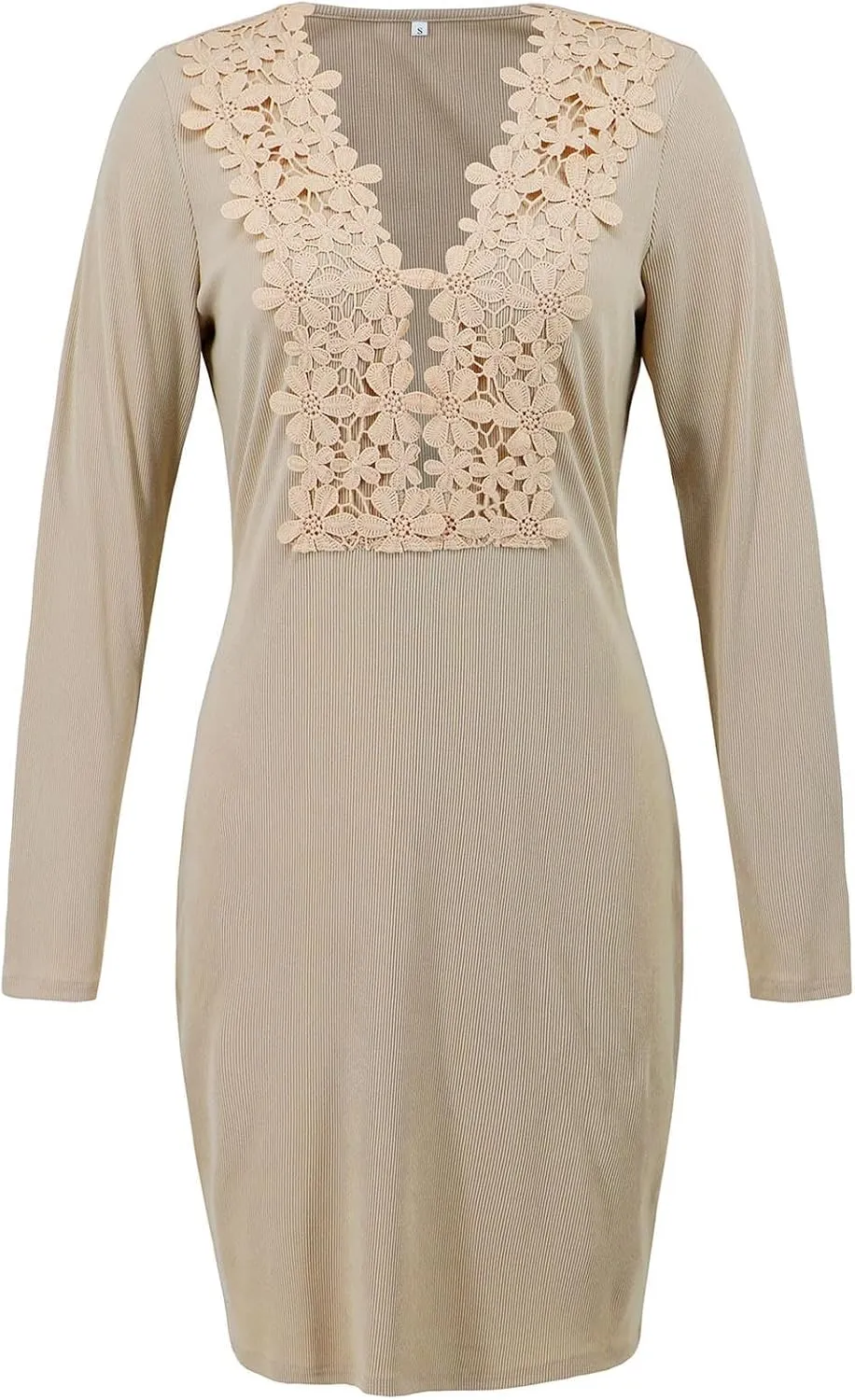 Lace Long Sleeve Deep V Neck Bodycon Dress for Women Elegant Party Floral Appliques Cocktail Nightout Formal Occasions