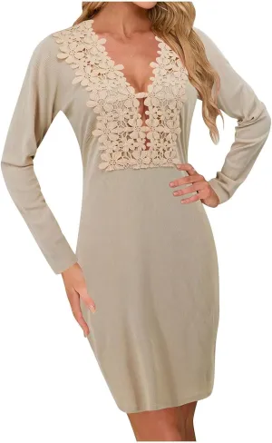 Lace Long Sleeve Deep V Neck Bodycon Dress for Women Elegant Party Floral Appliques Cocktail Nightout Formal Occasions