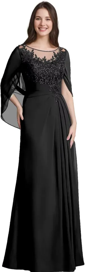 Lace Mother of The Bride Dresses with Cape Chiffon Illusion Long Evening Gowns Sequins Grandmother of Groom Dress