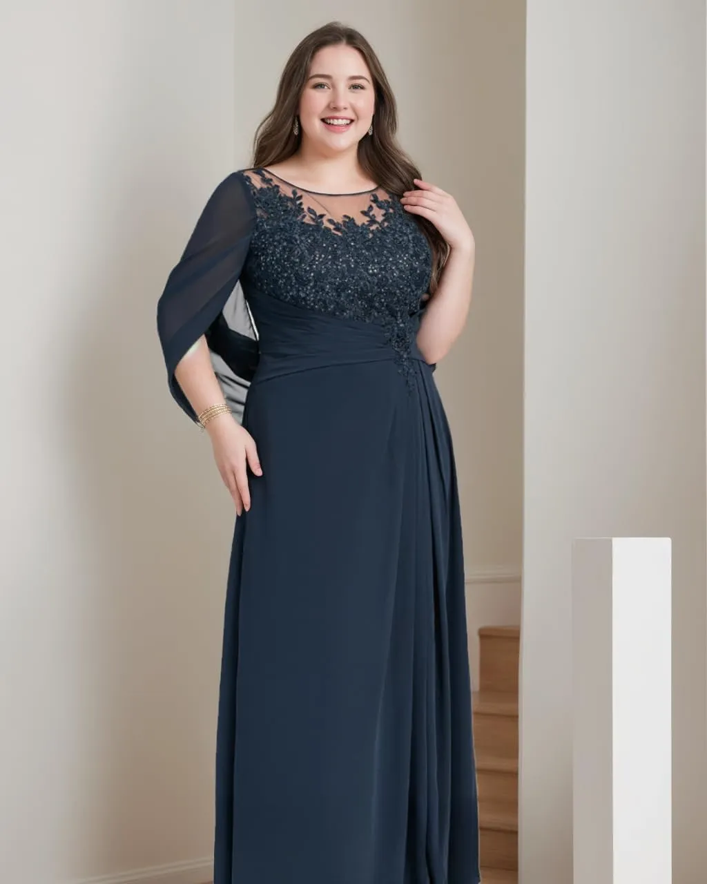 Lace Mother of The Bride Dresses with Cape Chiffon Illusion Long Evening Gowns Sequins Grandmother of Groom Dress