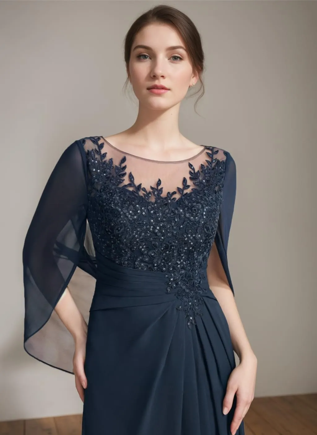 Lace Mother of The Bride Dresses with Cape Chiffon Illusion Long Evening Gowns Sequins Grandmother of Groom Dress