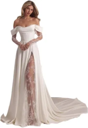 Lace Wedding Dresses for Bride Simple Spaghetti Straps Chiffon Bridal Ball Gowns with Slit