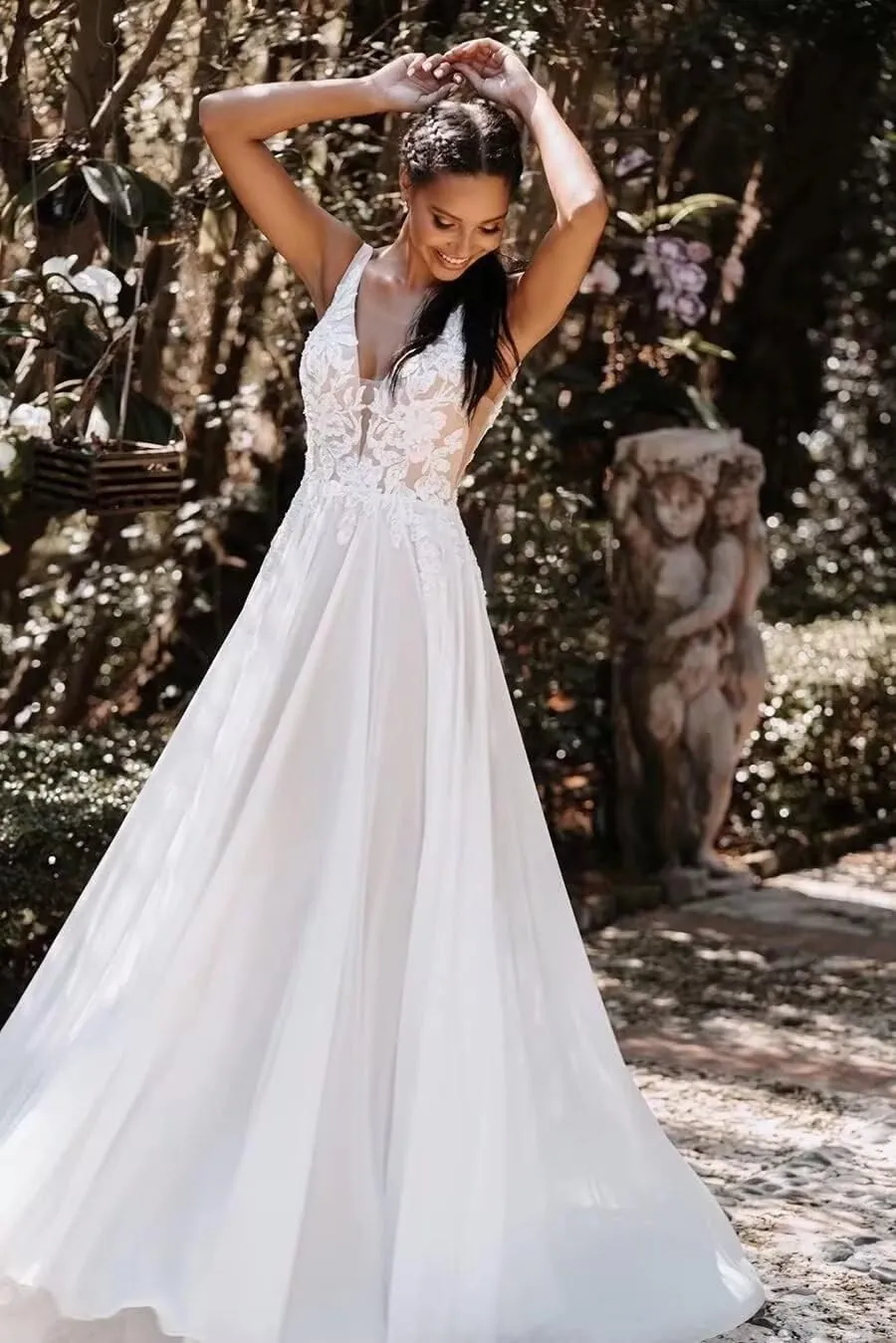 Lace Wedding Dresses for Bride Simple Spaghetti Straps Chiffon Bridal Ball Gowns with Slit