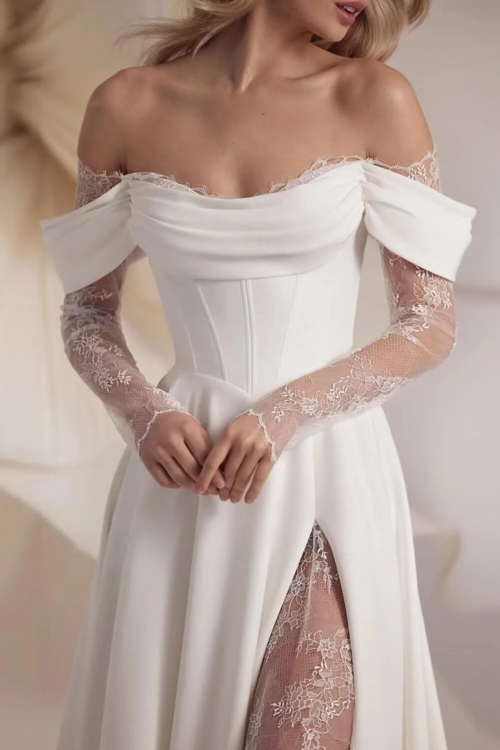 Lace Wedding Dresses for Bride Simple Spaghetti Straps Chiffon Bridal Ball Gowns with Slit