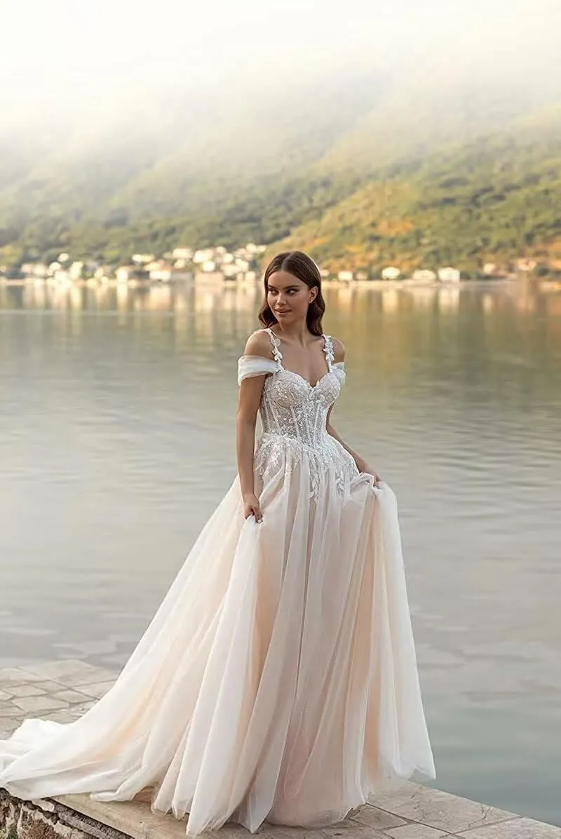 Lace Wedding Dresses for Bride Simple Spaghetti Straps Chiffon Bridal Ball Gowns with Slit