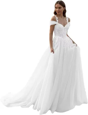 Lace Wedding Dresses for Bride Simple Spaghetti Straps Chiffon Bridal Ball Gowns with Slit