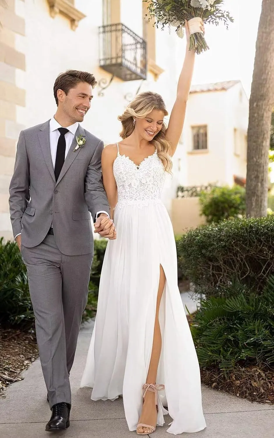 Lace Wedding Dresses for Bride Simple Spaghetti Straps Chiffon Bridal Ball Gowns with Slit
