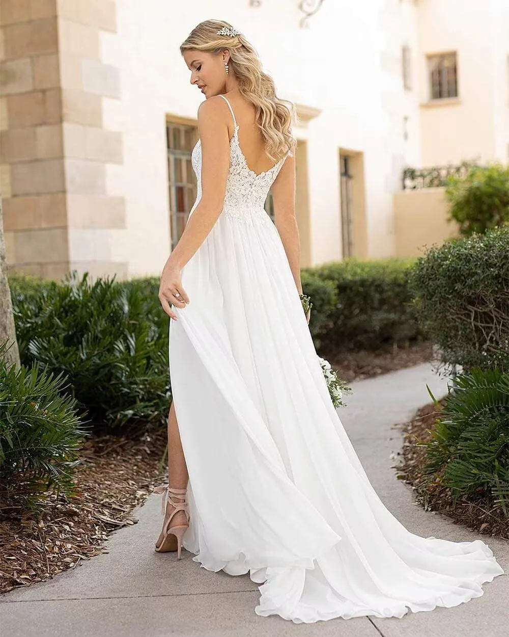 Lace Wedding Dresses for Bride Simple Spaghetti Straps Chiffon Bridal Ball Gowns with Slit